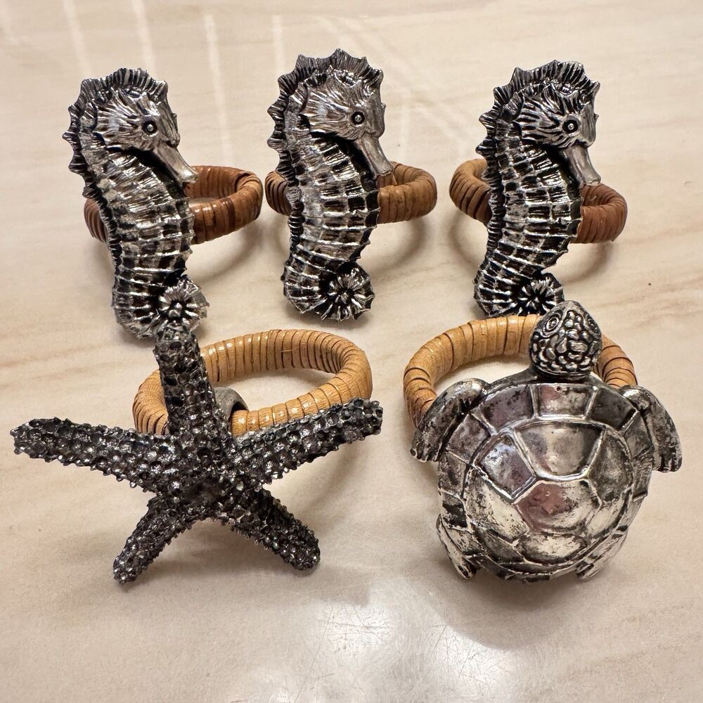 5pc Coastal Ocean Napkin Rings Sea Turtle/Seahorse/ Starfish Resin Rattan Beach